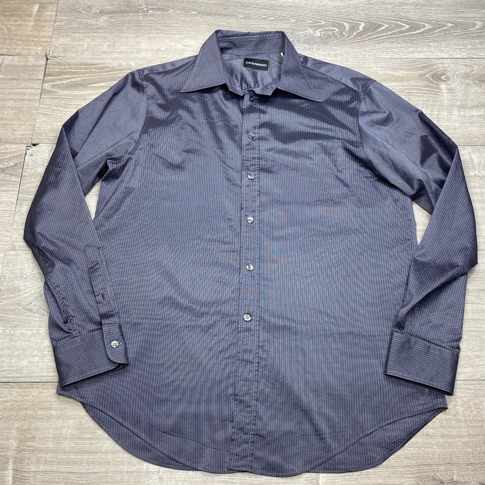 Emporio Armani Button Down Mens 43 17 Purple Pinstripe Long Sleeve Dress Shirt